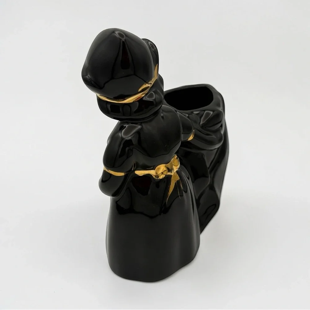 Vintage Blackamoor Ceramic Dutch Girl Figurine Black With Gold Trim Planter MCM